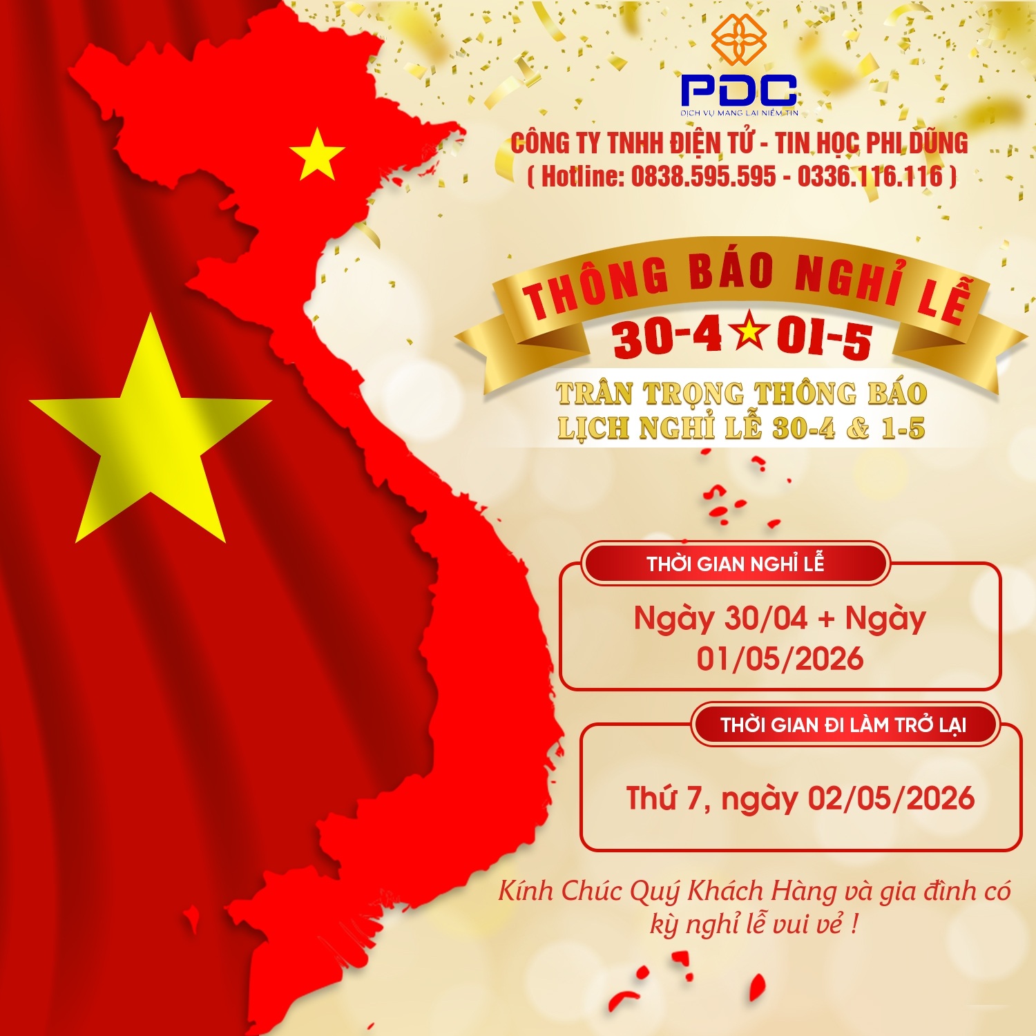 📢 THÔNG BÁO NGHỈ LỄ 30/04 & 01/05