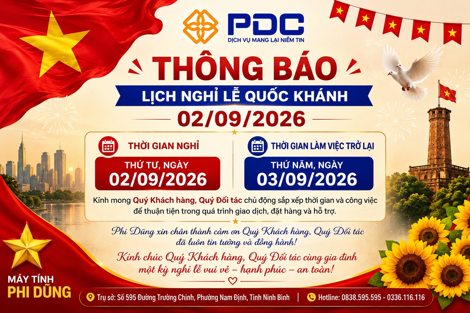 THÔNG BÁO LỊCH NGHỈ LỄ QUỐC KHÁNH 02/9/2026