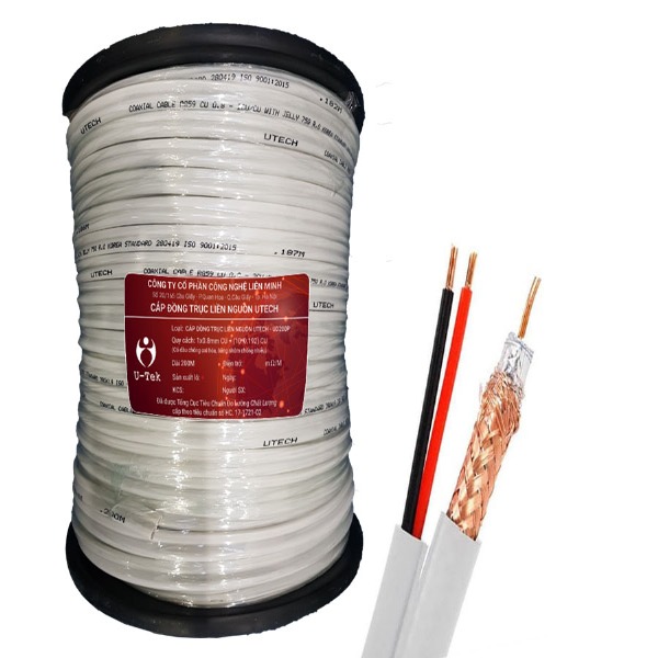 (CUỘN 200M) Cáp đồng trục Camera liền nguồn UTECH - UD200P Cable RG59 CCS/ CU 0.8 đồng dầu, nhôm chống nhiễu - TRẮNG