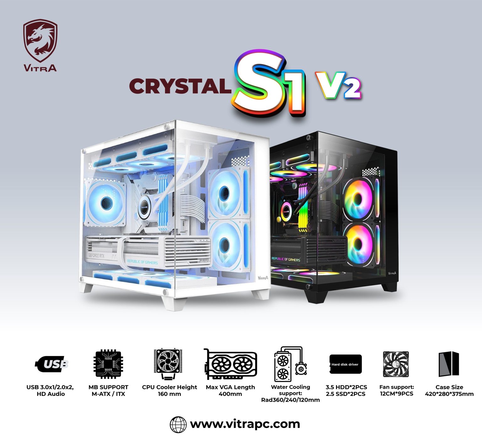 VỎ CASE VITRA CRYSTAL S1 V2 (MATX/MÀU ĐEN/RAD 360)